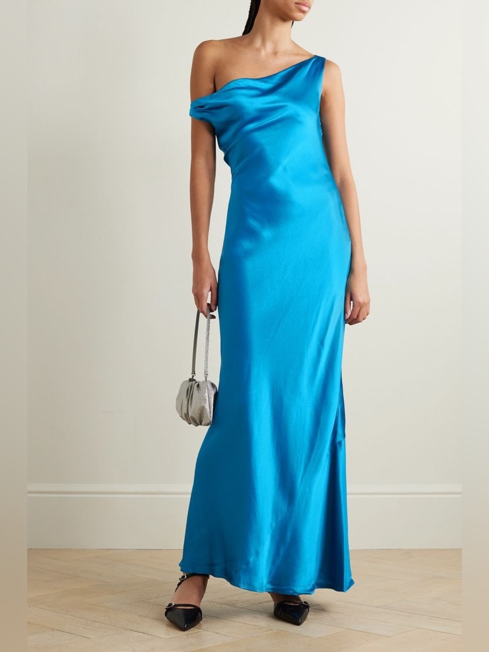 Staud Ashanti One Shoulder Draped Gown Satin Electric Blue Size Small